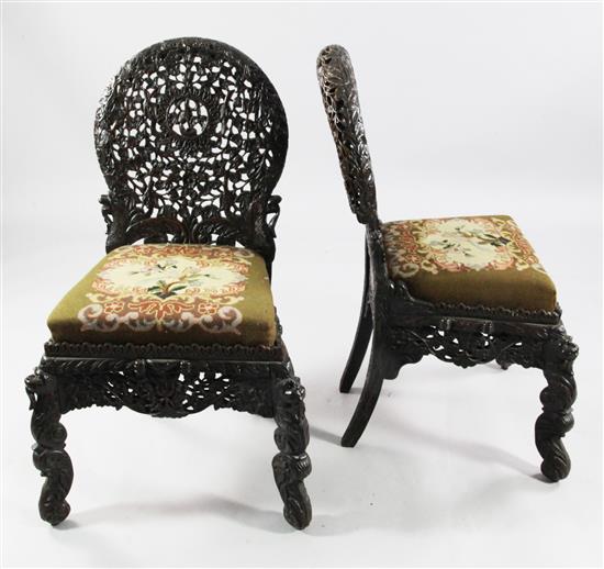 Pair of 19thC Indian carved and pierced rosewood side chairs(-)